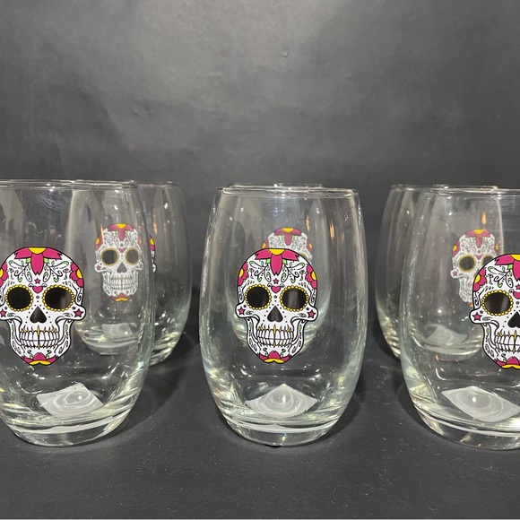 Cristar Day Of The Dead White Skull, Mikonos Stemless Glasses (Lot Of 6) NEW - Picture 2 of 8